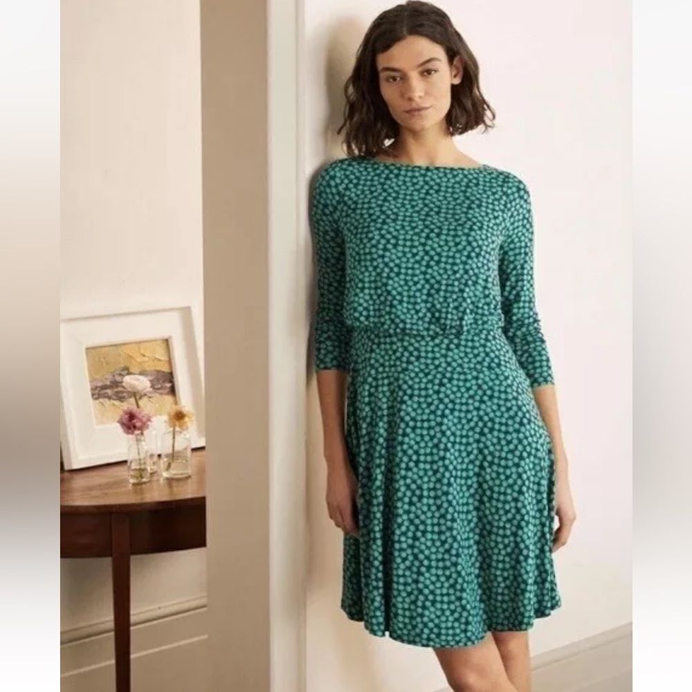 Boden Nellie 3/4 Sleeve Jersey Dress Size 4p Green Navy NWT